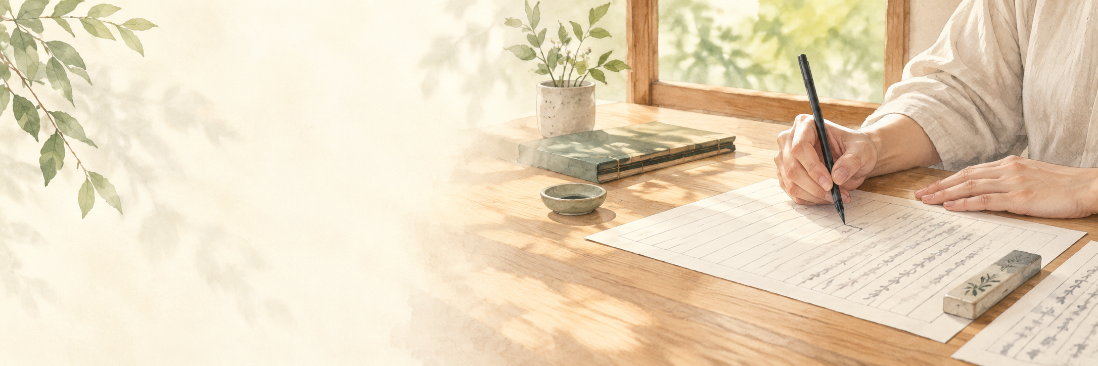 窓辺の机で筆ペンを使い、丁寧に写経する手元のイラスト