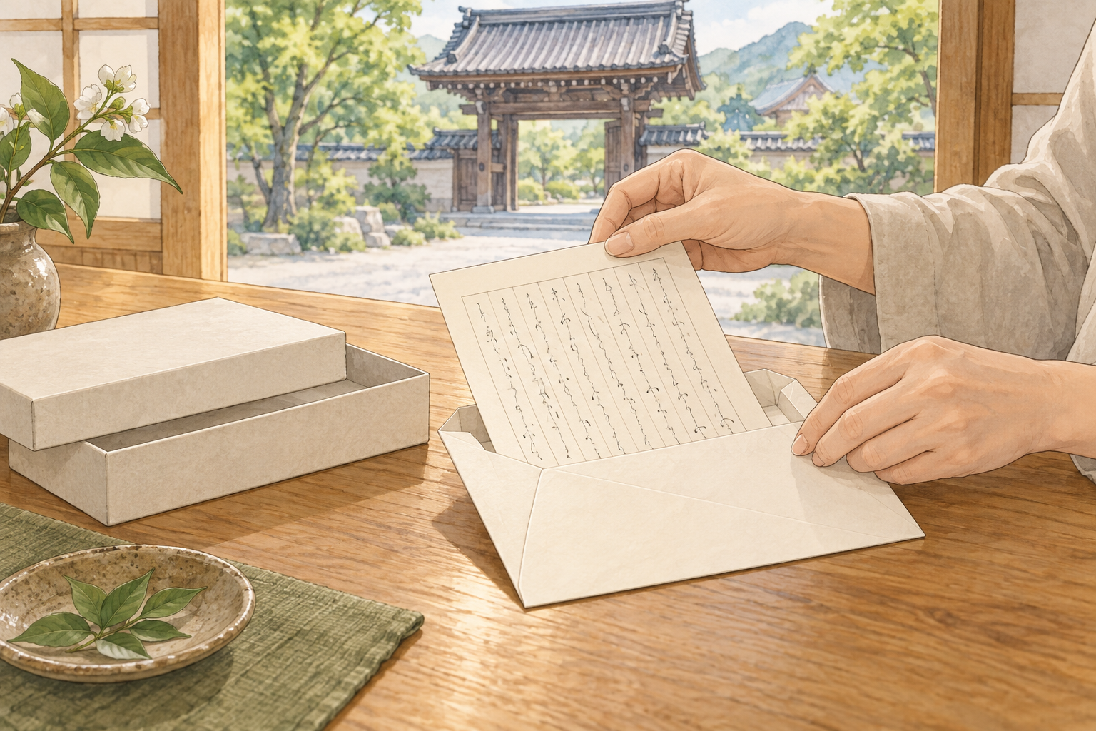 書き終えた写経用紙を清潔な封筒に入れる手元と、そばに置かれた保管用の箱。