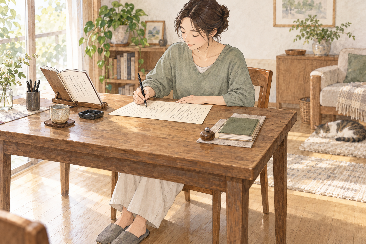 椅子に座り、机に置いたお手本を見ながら筆ペンで写経する人。肩の力を抜いて取り組んでいる。