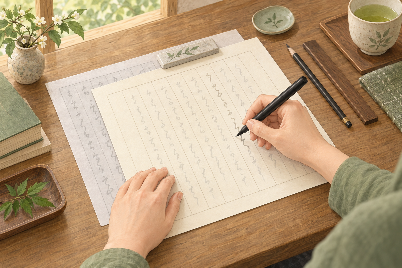 写経用紙とお手本を重ね、筆ペンでなぞり書きをする手元。横に鉛筆と文鎮が置かれている。